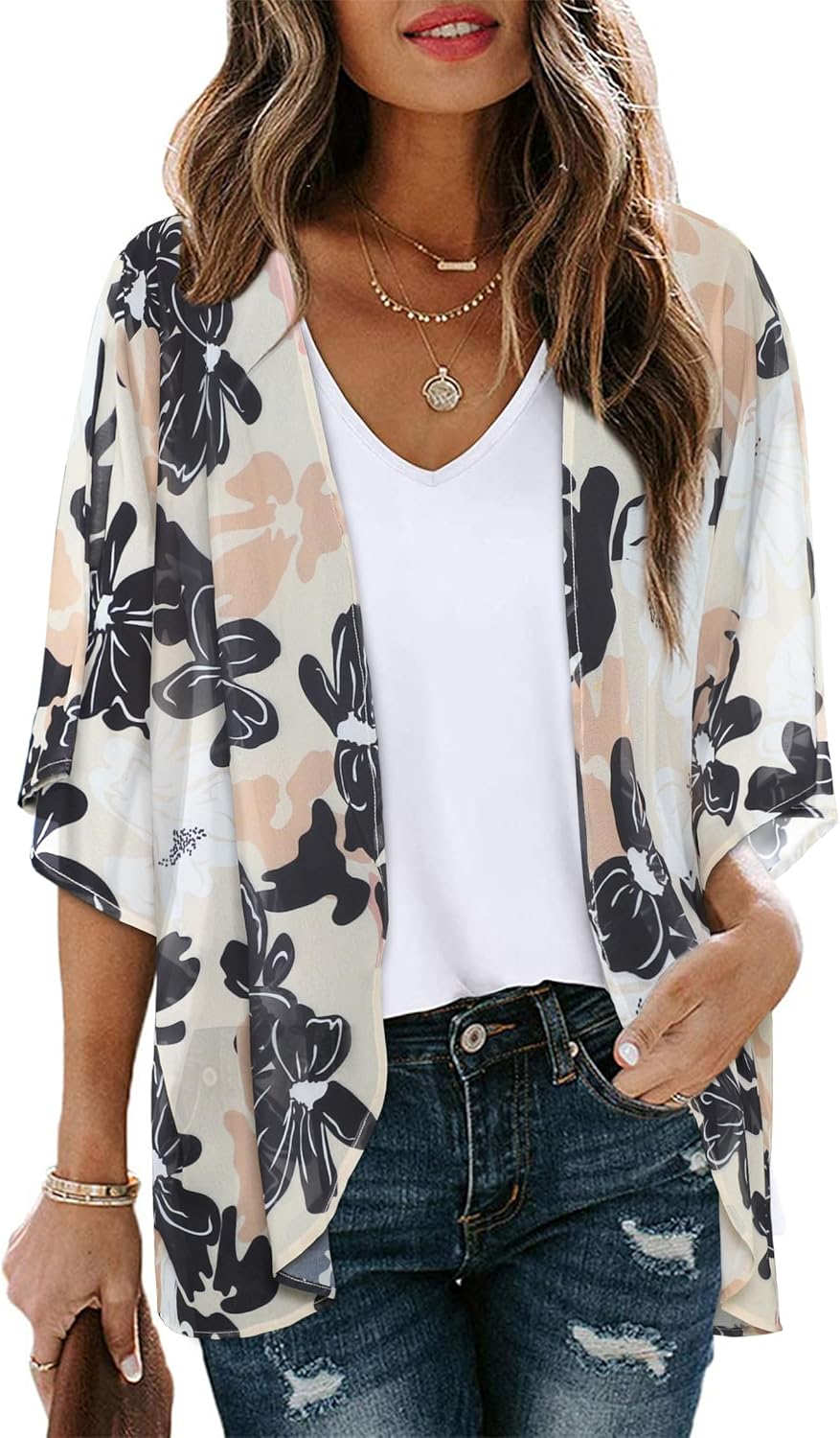 Womens Floral Sleeve Kimono Cardigan — Lightweight Beach Kimono