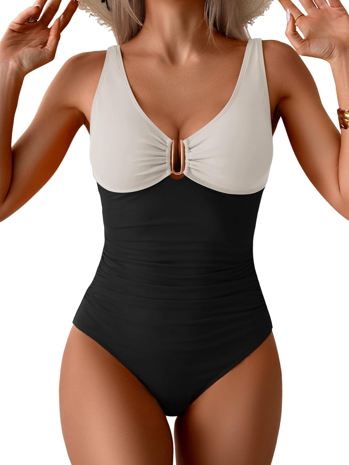 B2prity One Piece Swimsuit for Women Tummy Control Ruched Bathing Suit V Neck Push Up Swimwear