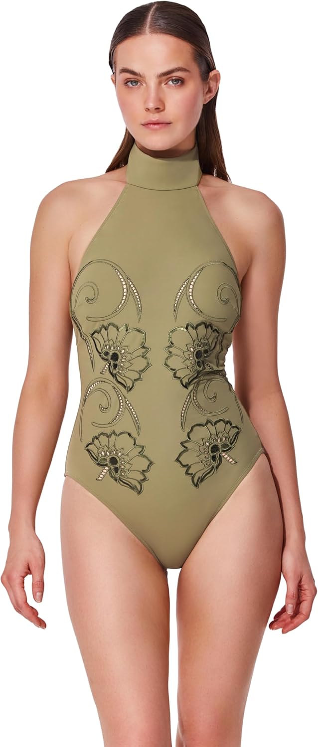 Gottex Hokkaido One Piece – Sequin Embroidered Design, Mock Neckline with Back Button Closure, Removable Soft Cups