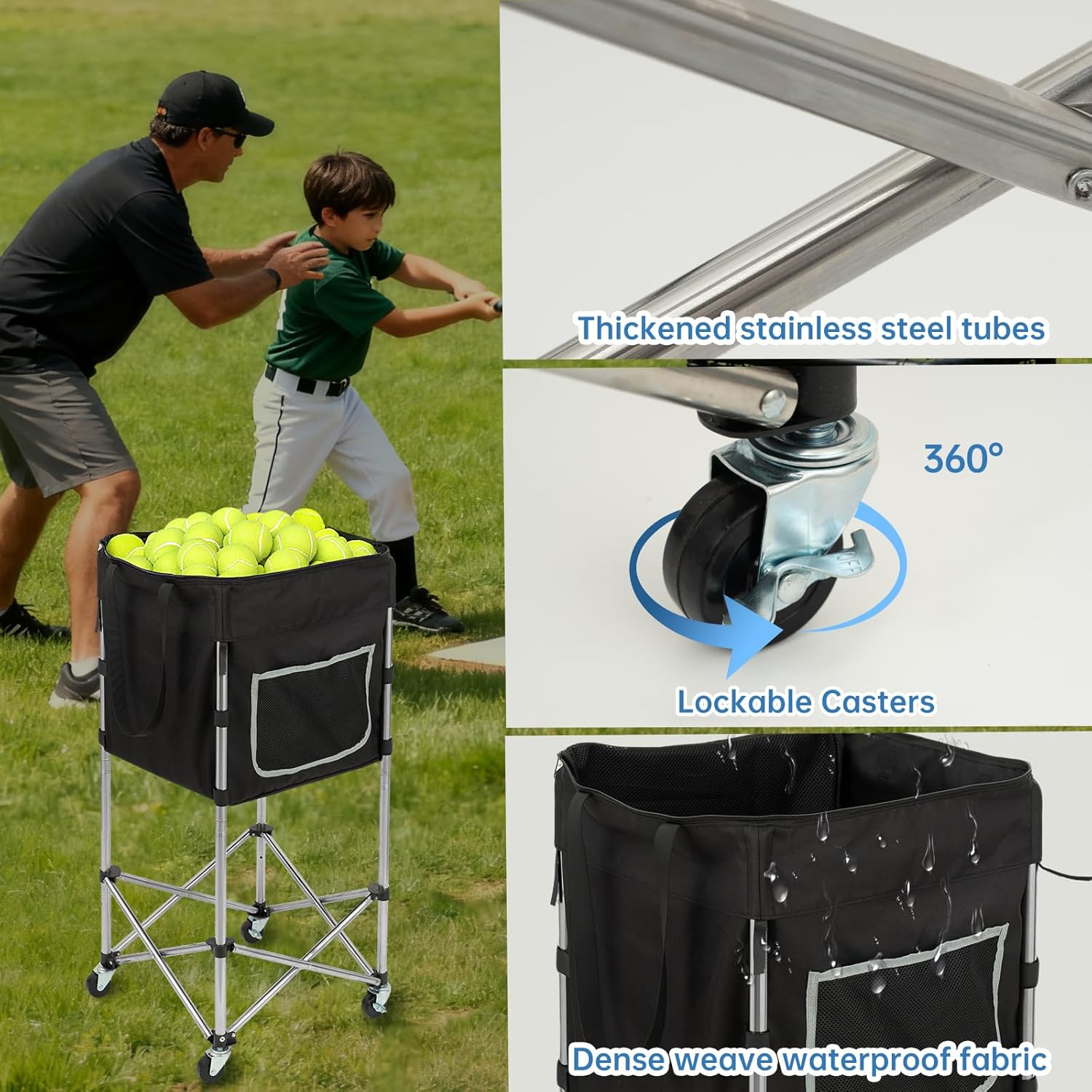 TaiAlphayi Tennis Ball Cart with Wheels & Brake – Heavy Duty Stainless Steel, 180 Capacity