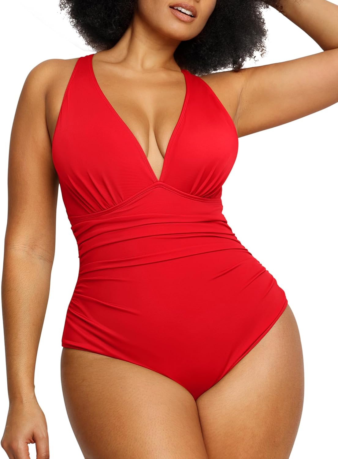 SHAPELLX Tummy Control Swimsuits One Piece V Neck Slimming Bathing Suit for Women Cutout Ruched Shapewear Swimwear